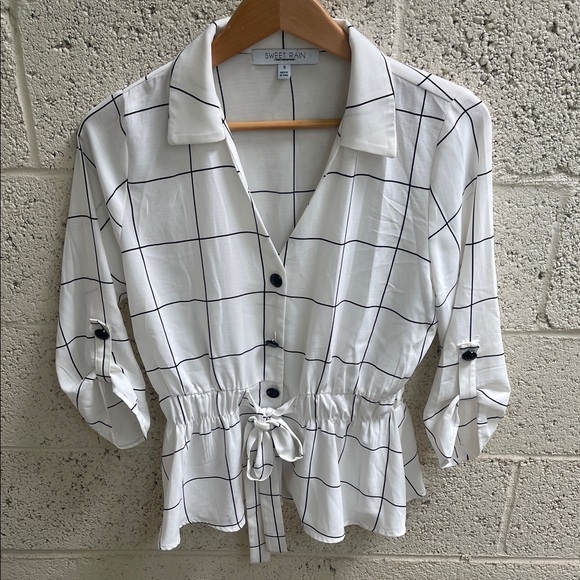 Sweet Rain Tops - Sweet Rain White Windowpane Button-Front Drawstring Shirt